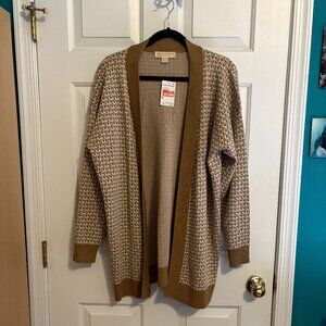 NWT Michael Kors Open Front Cardigan | Tan & White Monogram, Size Medium